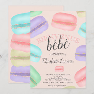 Invitación Macarons purpurina ducha bebé rosa