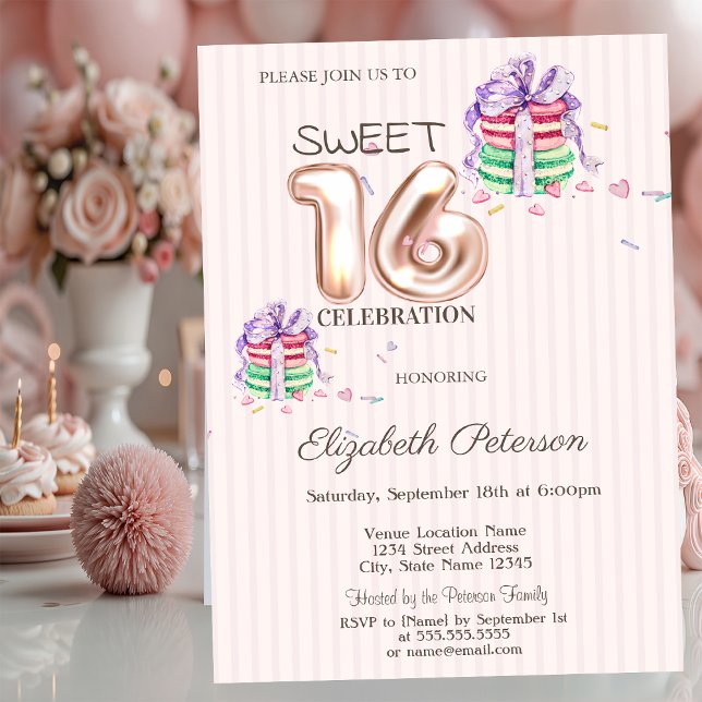 Invitación Macarons Rayas Rosa Dorado Sweet 16 (Subido por el creador)