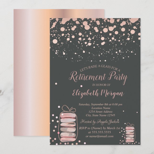 Invitación Macarons Rosa Gold Retirement (Anverso / Reverso)