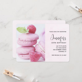 Invitación Macarons rosados con frambuesas rojas de cumpleaño