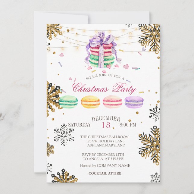 Invitación Macarons, String Light Snowflake Navidad Company (Anverso)