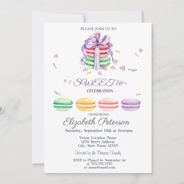 Invitación Macarons Zigzag Dulces Franceses 16 Cumpleaños (Anverso)