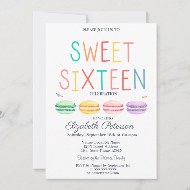 Invitación Macaroons Acuarela Barrido Dulce Colorido 16 (Anverso)