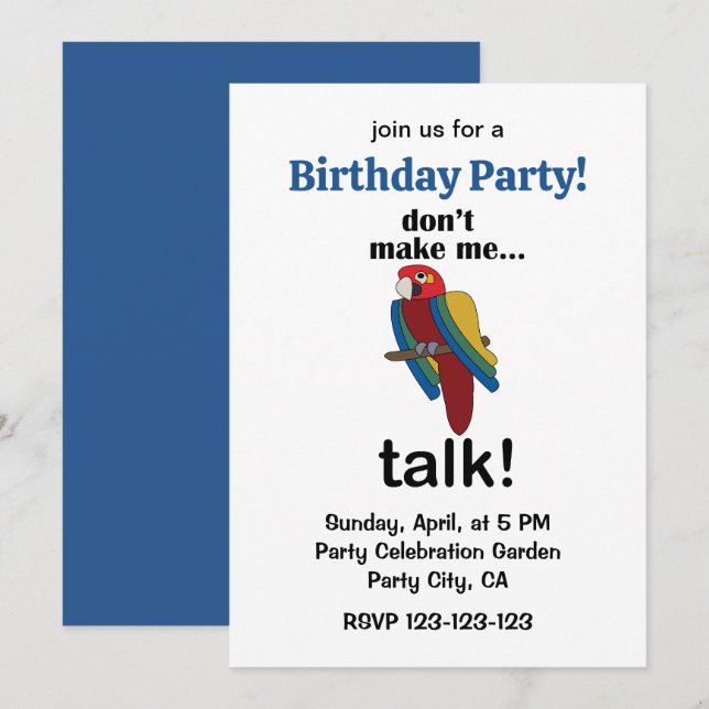 Invitación Macaw Parrot Don't Make Me Talk Funny Birthday  (Anverso / Reverso)