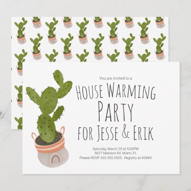 Invitación Maceta De Cactus De Fiesta De Calentamiento De Cas (Anverso / Reverso)