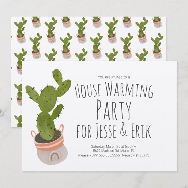 Invitación Maceta De Planta De Cactus Para Fiesta De Calentam (Anverso / Reverso)