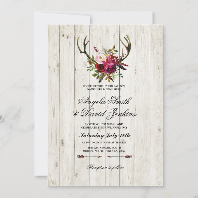 Invitación Macho floral de la boda de las astas rústicas de (Anverso)