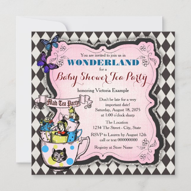 Invitación Mad Hatter Tea Fiesta Wonderland Baby Shower (Anverso)