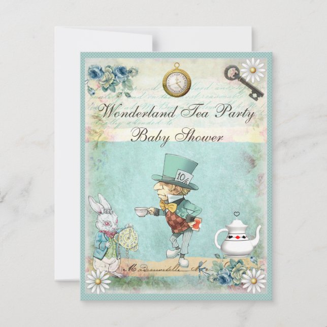 Invitación Mad Hatter Wonderland Tea Fiesta Baby Shower (Anverso)