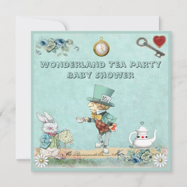 Invitación Mad Hatter Wonderland Tea Fiesta Baby Shower (Anverso)