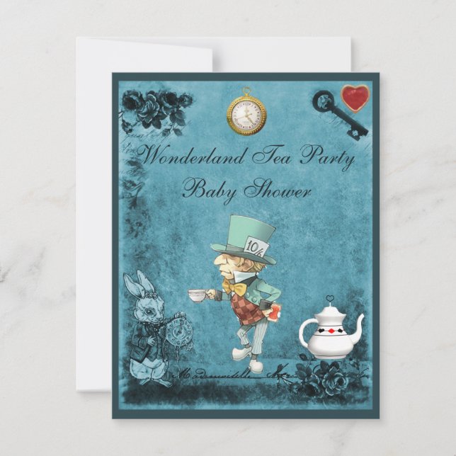 Invitación Mad Hatter Wonderland Tea Fiesta Baby Shower (Anverso)