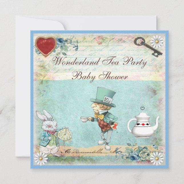 Invitación Mad Hatter Wonderland Tea Fiesta Baby Shower (Anverso)