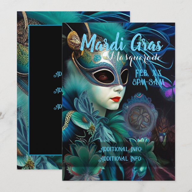 Invitación Madame Masquerade Verde azulada (Anverso / Reverso)