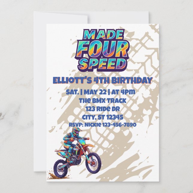 Invitación Made FOUR Speed, dirt bike 4th Birthday (Anverso)