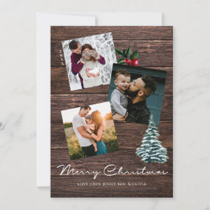 Invitación Madera 3 Foto Feliz Navidad con árbol y baya de ac