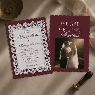 Invitación Madera Antigua de Encaje Burgundy Foto de Boda