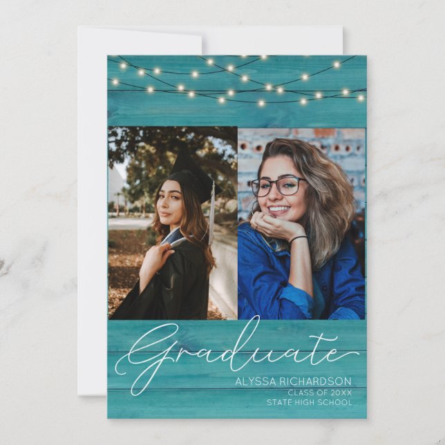 Invitación Madera Azul 2 Fotoescritura Tipografía Graduación (Anverso)