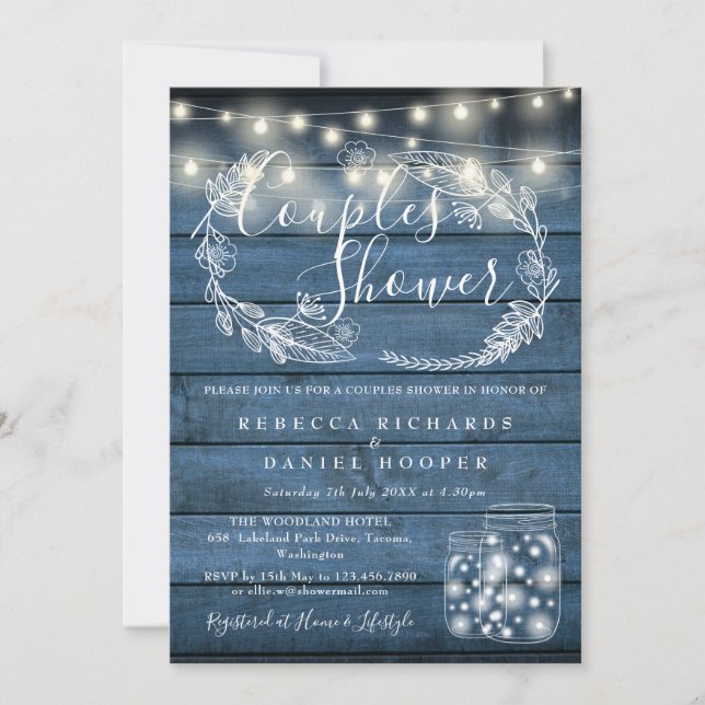 Invitación Madera Azul Mason Jars String Luces Parejas Ducha (Anverso)