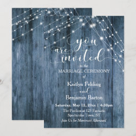 Invitación Madera azul rústica, Boda de cadenas de luz blanca