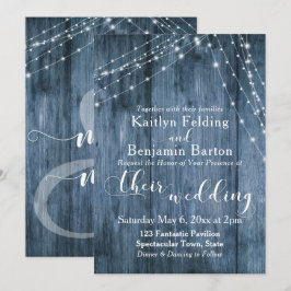 Invitación Madera Azul Rústica, Boda de Cadenas de Luz Blanca