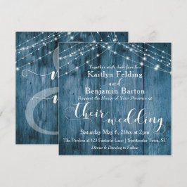 Invitación Madera azul rústica, Boda de cadenas de luz blanca