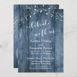 Invitación Madera azul y luces rusticas celebran con nosotros