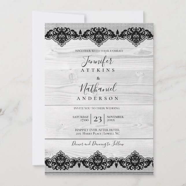 Invitación Madera Blanca Encaje Negro Rústico Elegante (Anverso)