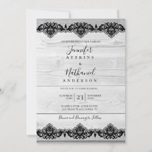 Invitación Madera Blanca Encaje Negro Rústico Elegante