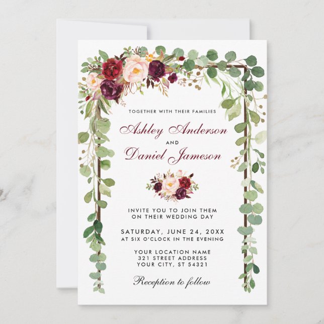 Invitación Madera Botánica Borgoña Boda Floral B (Anverso)