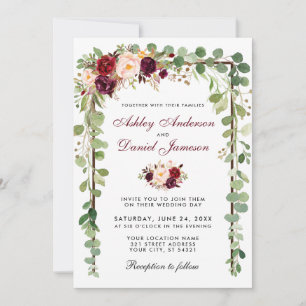 Invitación Madera Botánica Borgoña Boda Floral B