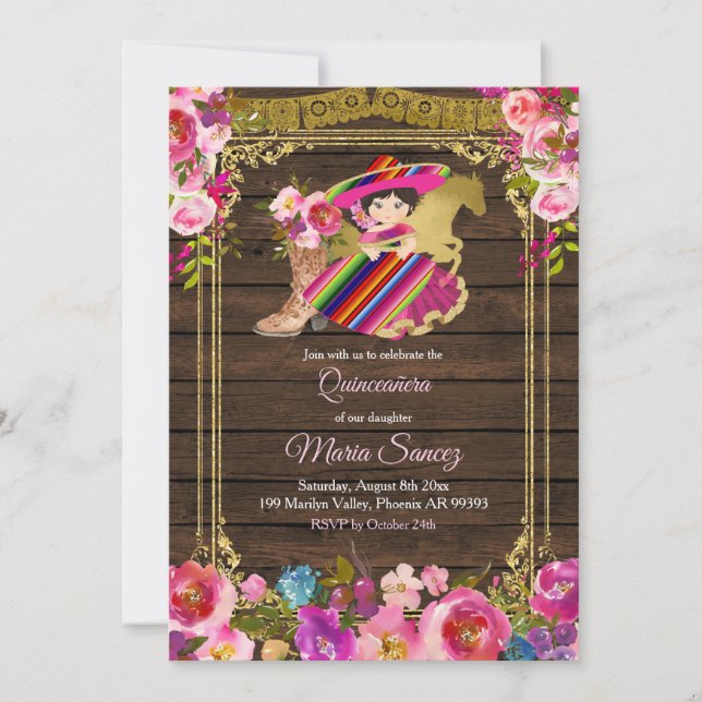 Invitación Madera colorida Charro Floral Rosa Quinceañera (Anverso)