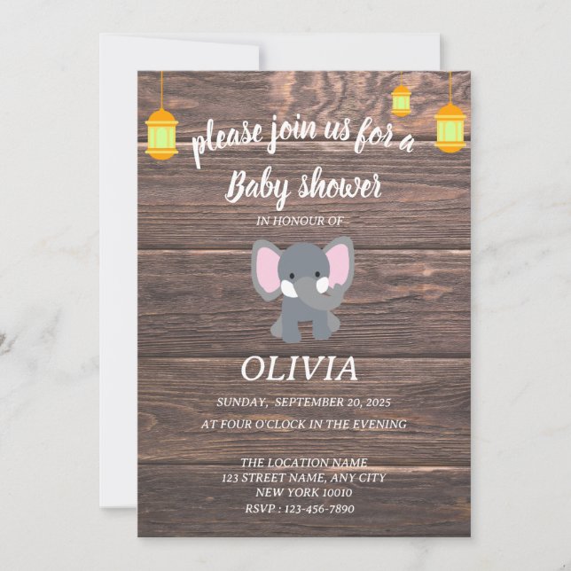 Invitación Madera contrachapada bebé elefante ducha de bebé (Anverso)