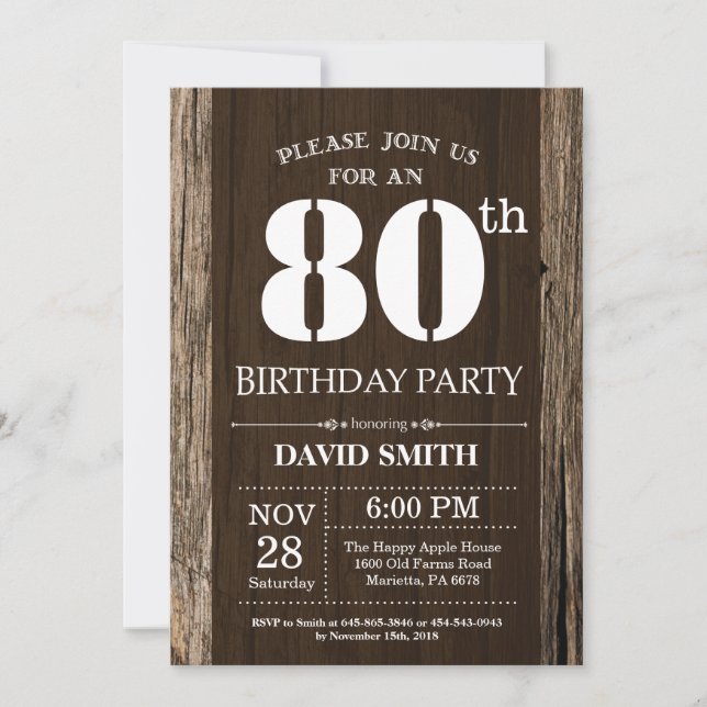 Invitación Madera cosecha rústica 80 cumpleaños (Anverso)