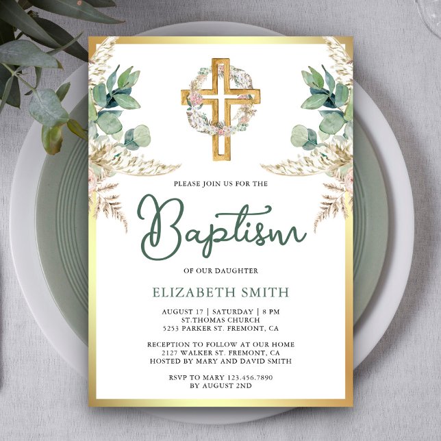 Invitación Madera Cruz Boho Pampas Eucalipto Oro Bautizo (Subido por el creador)