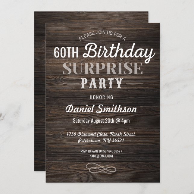 Invitación Madera Cumpleaños Sorpresa Rústica Hombres Invitan (Anverso / Reverso)