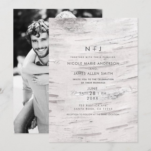 Invitación Madera de Abedul Blanco Granero Rústico Boda Fotog (Anverso / Reverso)