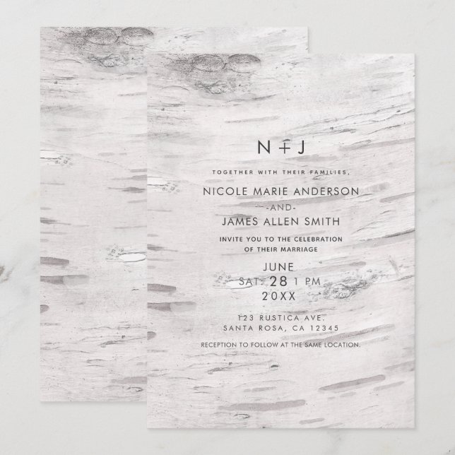 Invitación Madera de Abedul Blanco Granjero Rústico Boda de C (Anverso / Reverso)