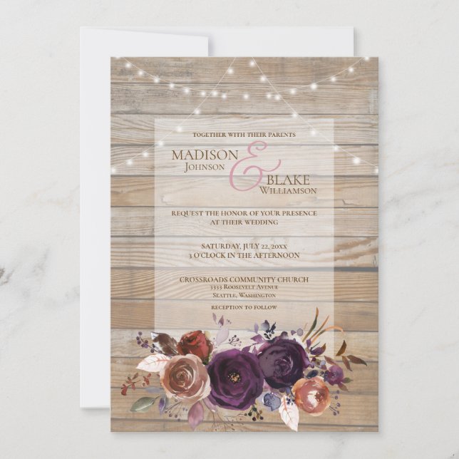 Invitación Madera de Boda floral púrpura de cuerda rugosa (Anverso)