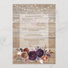 Invitación Madera de Boda floral púrpura de cuerda rugosa