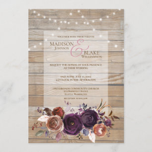 Invitación Madera de Boda floral púrpura de cuerda rugosa