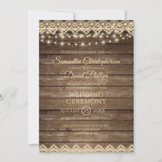 Invitación Madera de campo | Boda de luces y encajes (Anverso)