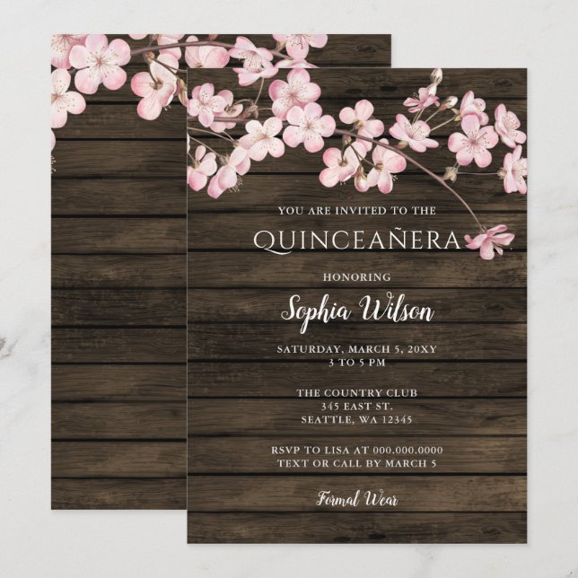 Invitación Madera de cultivo Sakura Flor de cerezo rosa Quinc (Anverso / Reverso)