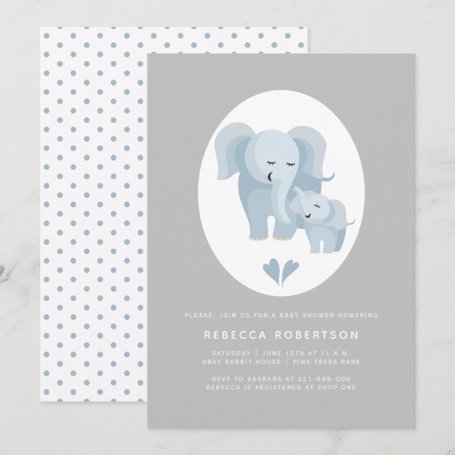 Invitación Madera de elefante azul y gris claro y ducha de be (Anverso / Reverso)