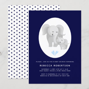 Invitación Madera de elefante gris y ducha de bebé azul marin