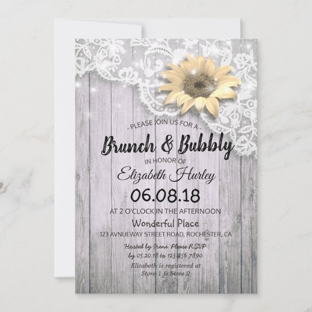Invitación Madera de girasol brunch y bubbly Bridal Shower La (Anverso)