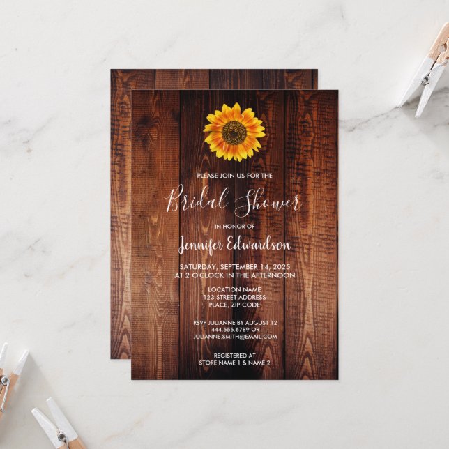 Invitación Madera de girasol color agua Ducha de novia (Anverso/Reverso In Situ)