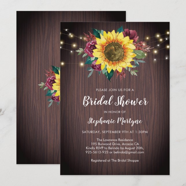 Invitación Madera De Girasol Rústico Enciende Ducha Bridal Fl (Anverso / Reverso)