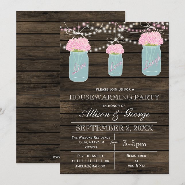 Invitación Madera de grano de albañil jars casa rústica (Anverso / Reverso)