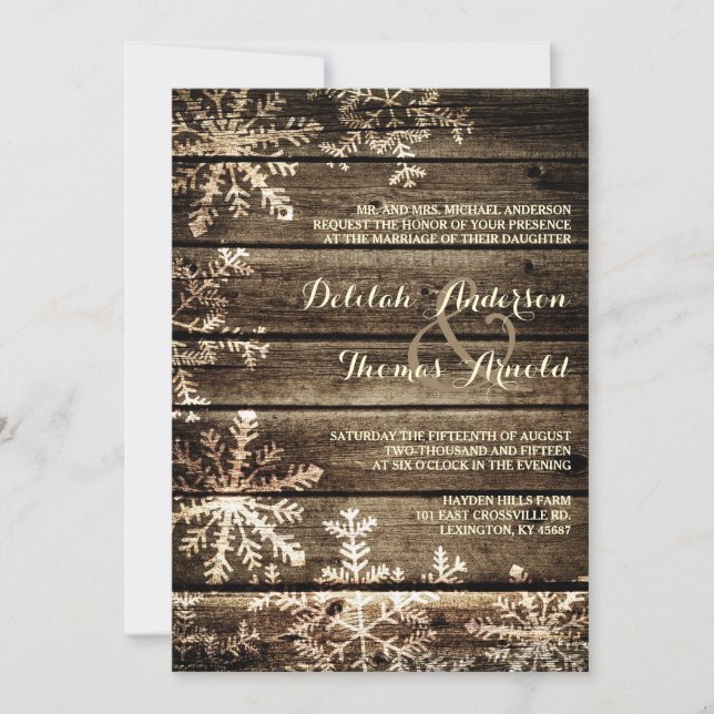 Invitación Madera de grano de nieve enfría una boda invernal  (Anverso)