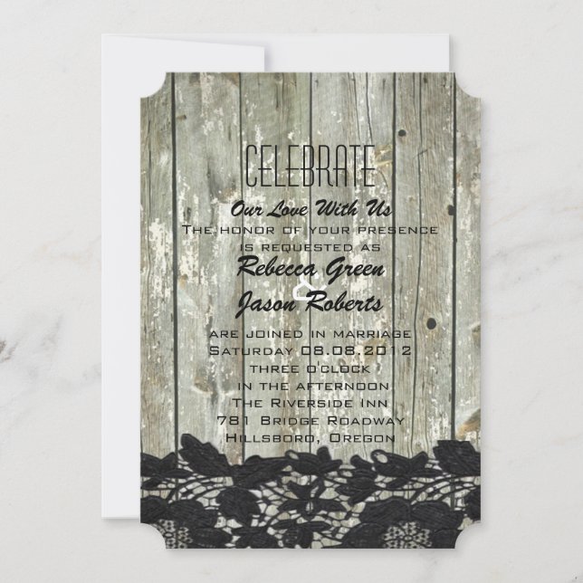 Invitación madera de grano rústico encaje negro boda rural mo (Anverso)
